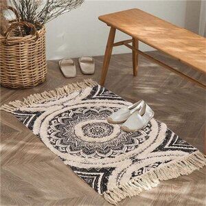 Tufted Cotton Rug Black Mandala Boho Rug, Hand Woven Bohemian Throw Rugs